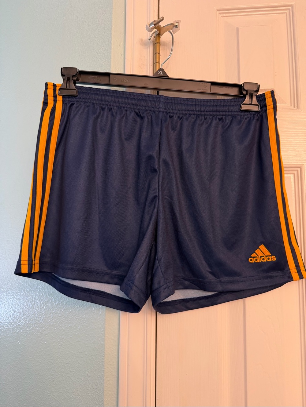 Adidas Women’s Navy Blue Athletic Shorts with Gold Stripes